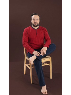 Seamlife Kırmızı Erkek Büyük Beden Bisiklet Yaka 3 Düğmeli Mevsimlik Uzun Kol Pijama Takımı