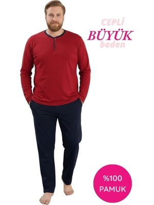 Seamlife Kırmızı Erkek Büyük Beden Bisiklet Yaka 3 Düğmeli Mevsimlik Uzun Kol Pijama Takımı