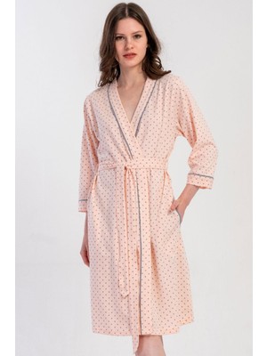 Vienetta Kadın Baby Pink Kapri Kol Puantiyeli %100 Pamuk Kemerli Sabahlık C4T1N3305