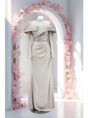 Amine Hüma Dila Abiye Elbise Bej