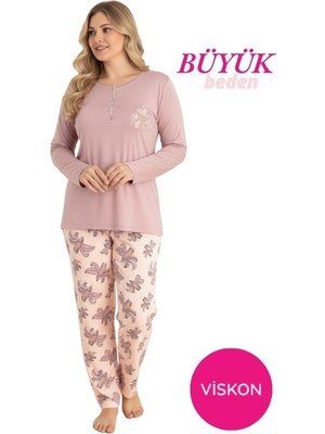 Bie's Pembe Kadın Büyük Beden Desenli Bisiklet Yaka 3 Düğmeli Mevsimlik Likra Viskon Uzun Kol Pijama Takımı