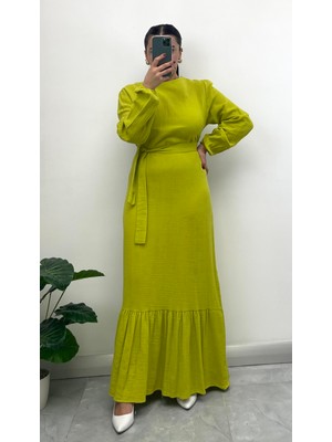 Nisum Moda Müslin Kumaş Kuşaklı Uzun Elbise