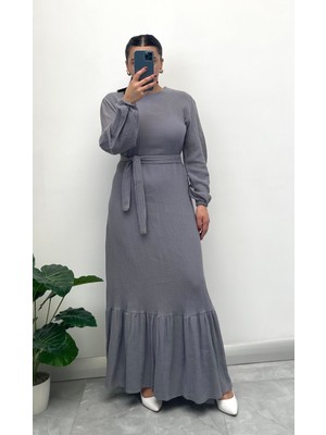 Nisum Moda Müslin Kumaş Kuşaklı Uzun Elbise