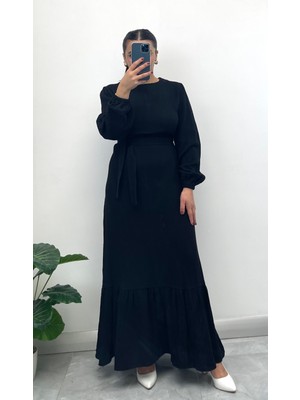 Nisum Moda Müslin Kumaş Kuşaklı Uzun Elbise