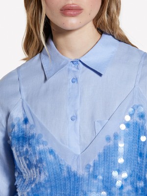 Sisley Payetli Tül Detaylı Astarlı V Yaka Askılı Üst Kadın Mavi Bluz - 325P5ZQWLH01K