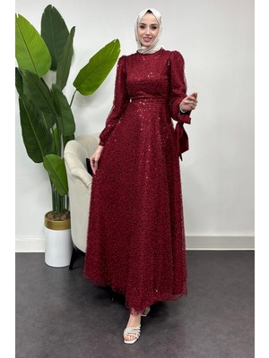 Tesettür Diyarı Aura Model Abiye Nişan Mezuniyet ve Özel Günleriniz Için Taş Işlemeli Abiye -Bordo