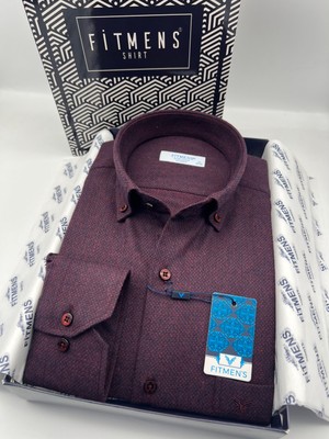 Fitmens Klasik Uzun Kol Kışlık Kuşgözü Yaka Düğmeli Yünlü %100 Cotton Hediye Kutulu Erkek Gömlek FS-003768 - Bordo