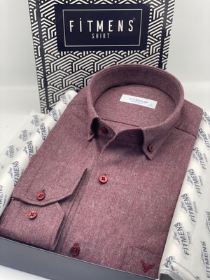 Fitmens Klasik Uzun Kol Kışlık %100 Cotton Balıksırtı Yaka Düğmeli Hediye Kutulu Erkek Gömlek FS-001991 - Bordo