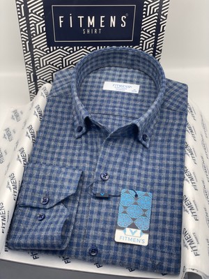 Fitmens Klasik Uzun Kol Kışlık %100 Cotton Kareli Yaka Düğmeli Hediye Kutulu Erkek Gömlek FS-003127 - Mavi