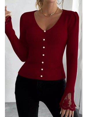 Gülseli Kol Güpür Detaylı V Yaka Triko Bluz P-00018358