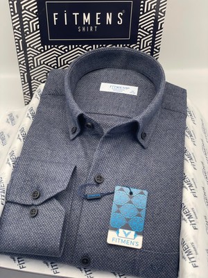 Fitmens Klasik Uzun Kol Kışlık Kuşgözü Yaka Düğmeli Yünlü %100 Cotton Hediye Kutulu Erkek Gömlek FS-003768 - Indigo