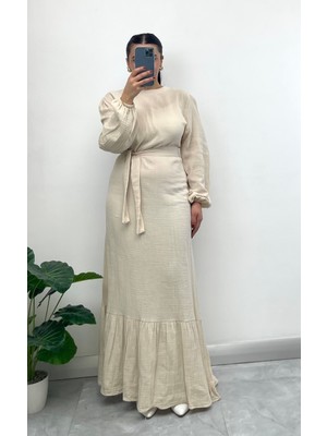 Nisum Moda Müslin Kumaş Kuşaklı Uzun Elbise