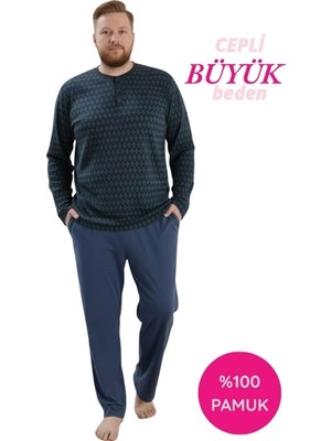 Bie's Lacivert Erkek Büyük Beden Bisiklet Yaka 3 Düğmeli Mevsimlik Uzun Kol Pijama Takımı