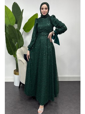 Tesettür Diyarı Aura Model Abiye Nişan Mezuniyet ve Özel Günleriniz Için Taş Işlemeli Abiye -Zümrüt