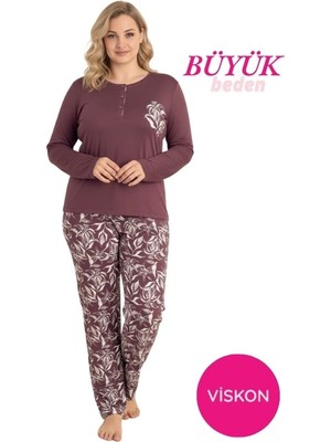 Bie's Mürdüm Kadın Büyük Beden Desenli Bisiklet Yaka 3 Düğmeli Mevsimlik Likra Viskon Uzun Kol Pijama Takımı