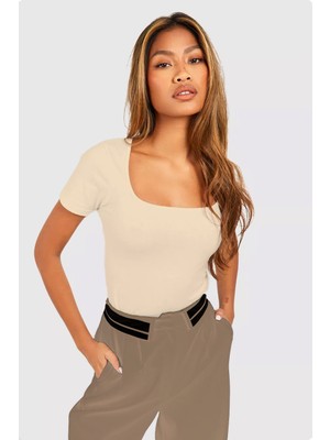 Rooted Kadın,bej Kısa Kollu Derin Havuz,yuvarlak Yaka Penye T-Shirt & Bluz