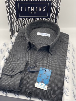Fitmens Klasik Uzun Kol Kışlık Kuşgözü Yaka Düğmeli Yünlü %100 Cotton Hediye Kutulu Erkek Gömlek FS-003768 - Antrasit