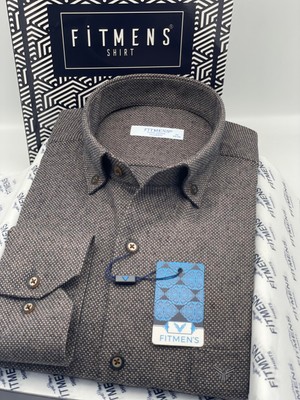 Fitmens Klasik Uzun Kol Kışlık Kuşgözü Yaka Düğmeli Yünlü %100 Cotton Hediye Kutulu Erkek Gömlek FS-003768 - Kahverengi