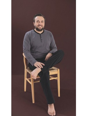 Seamlife Gri Erkek Büyük Beden Bisiklet Yaka 3 Düğmeli Mevsimlik Uzun Kol Pijama Takımı
