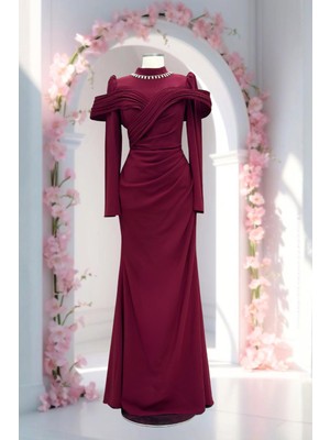 Amine Hüma Dila Abiye Elbise Bordo