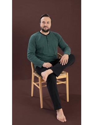 Seamlife Yeşil Erkek Büyük Beden Bisiklet Yaka 3 Düğmeli Mevsimlik Uzun Kol Pijama Takımı