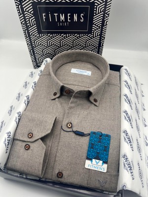Fitmens Klasik Uzun Kol Kışlık %100 Cotton Balıksırtı Yaka Düğmeli Hediye Kutulu Erkek Gömlek FS-001991 - Açık Kahve