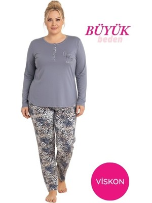 Bie's Gri Kadın Büyük Beden Desenli Bisiklet Yaka 3 Düğmeli Mevsimlik Likra Viskon Uzun Kol Pijama Takımı