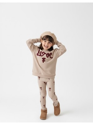Pini Co Kız Çocuk Love Nakışlı Sweatshirt ve Fitilli Tayt 2'li Takım