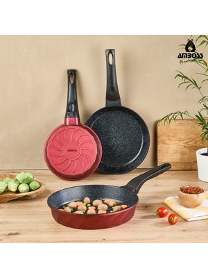 Amboss Vento 3 Parça Döküm Tava Seti - Kırmızı