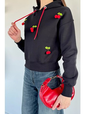 Gülseli Kadın Kirazlı Kapüşonlu Üç Iplik Şardonlu Sweatshirt P-00019712