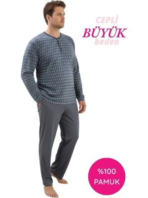 Seamlife Gri Desenli Erkek Büyük Beden Bisiklet Yaka 3 Düğmeli Mevsimlik Uzun Kol Pijama Takımı