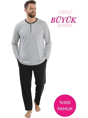 Seamlife Açık Gri Erkek Büyük Beden Bisiklet Yaka 3 Düğmeli Mevsimlik Uzun Kol Pijama Takımı