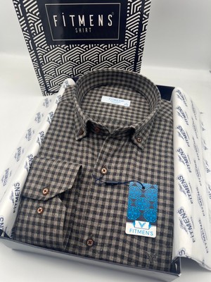 Fitmens Klasik Uzun Kol Kışlık %100 Cotton Kareli Yaka Düğmeli Hediye Kutulu Erkek Gömlek FS-003127 - Kahverengi