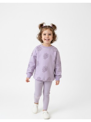 Pini Co Kız Çocuk Lila Papatya Baskılı Sweatshirt ve Fitilli Tayt 2'li Takım