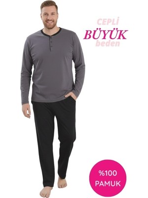 Seamlife Gri Erkek Büyük Beden Bisiklet Yaka 3 Düğmeli Mevsimlik Uzun Kol Pijama Takımı