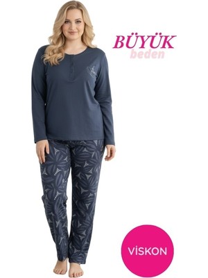 Bie's Antrasit Kadın Büyük Beden Desenli Bisiklet Yaka 3 Düğmeli Mevsimlik Likra Viskon Uzun Kol Pijama Takımı