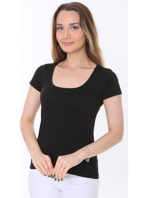 Rooted Kadın,siyah Kısa Kollu Derin Havuz,yuvarlak Yaka Penye T-Shirt & Bluz