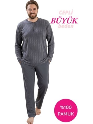 Bie's Gri Desenli Erkek Büyük Beden Bisiklet Yaka 3 Düğmeli Mevsimlik Uzun Kol Pijama Takımı
