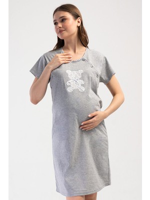 Vienetta Kadın Gri Melanj Hamile Lohusa Emzirme Kolaylıklı Gecelik Sabahlık Takım C4T6N0114