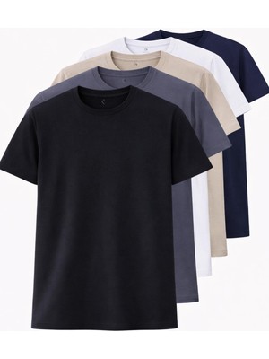 Freemen Erkek Siyah-Beyaz-Lacivert-Antrasit-Bej Normal Kalıp Bisiklet Yaka %100 Pamuk 5’li Basic Tişört Seti