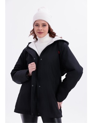 Freemen Kadın Beli Lastikli Cebi Kürklü Su ve Rüzgar Geçirmez Kapüşonlu Mont
