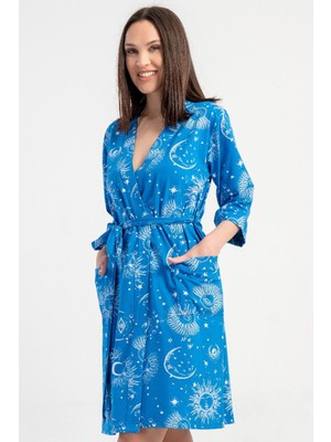 Vienetta Kadın Indigo Kapri Kol Desenli Kemerli %100 Pamuk Sabahlık C8T0N0114