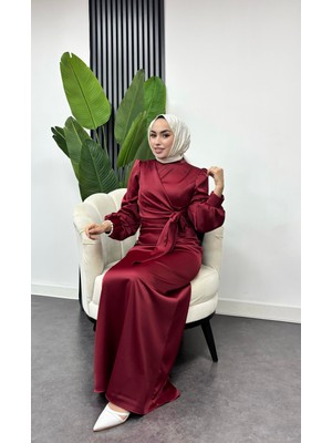 Tesettür Diyarı Roya Model Yandan Bağlamalı Saten Abiye-Bordo