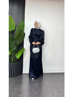 Tesettür Diyarı Roya Model Yandan Bağlamalı Saten Abiye-Lacivert