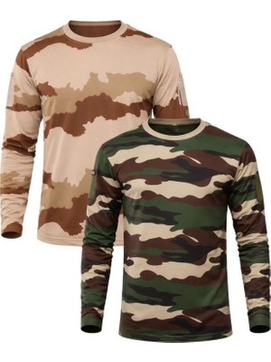Single Sword Sword 2’li Set Bisiklet Yaka Kamuflaj Desen %100 Pamuklu Uzun Kollu Erkek T-Shirt S//Çok Renkli Single