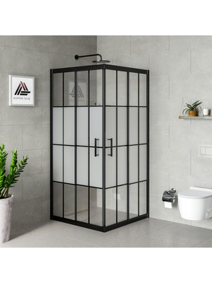 Kupon Duş ve Banyo Sistemleri Vesta D100 Kare Duşakabin Siyah Profil Kumlu Karolajlı Cam H: 190 cm