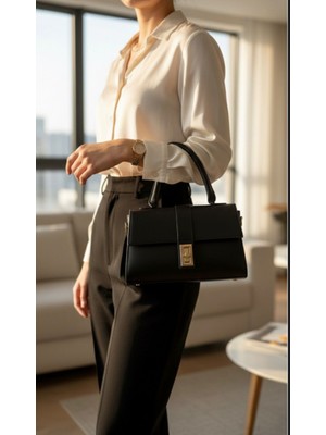 Gold Kilit Detaylı Siyah El ve Omuz Çantası