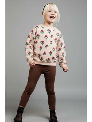 Magu Kız Çocuk Pamuklu Bej Lale Desenli Sweatshirt ve Kahverengi Tayt Takım – Rahat Günlük Takım