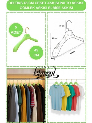 Manken İstanbul 5 Adet Yeşil 45 cm Özel Üretim Ceket Askısı, Palto Askısı,elbise Askısı,gömlek Askısı