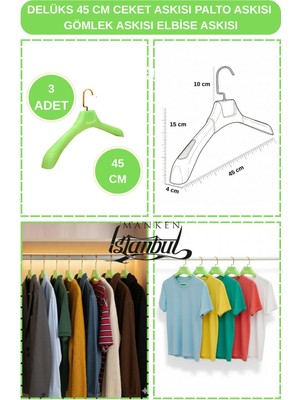 Manken İstanbul 3 Adet Yeşil 45 cm Özel Üretim Ceket Askısı, Palto Askısı,elbise Askısı,gömlek Askısı